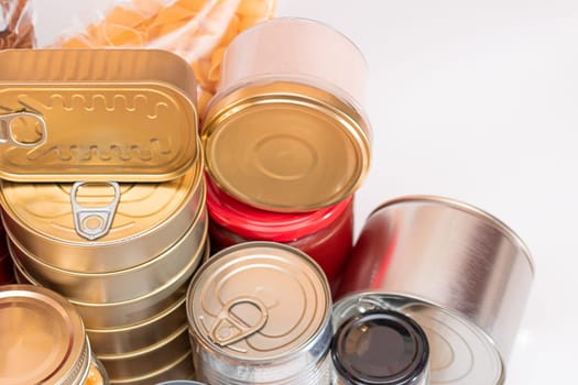 Food Reserves: Canned Food, Spaghetti, Pate, Tuna, Tomato Juice, Pasta, Fish and Grocery. Emergency Food Storage in Case of Crisis. Strategic Food Supplies