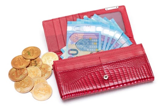 Opened Red Women Purse with 20 Euro Banknotes Inside and Bitcoin Coins - Isolated on White Background. A Wallet Full of Money Symbolizing Wealth, Success, Shopping and Social Status - Isolation