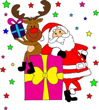 A reindeer sits on top of a wrapped Christmas present next to the smiling Santa Claus. For Christmas design.