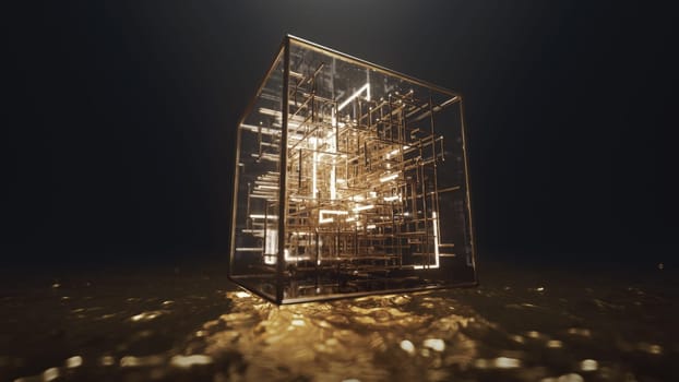 3d render Floating golden cube on golden water with neon lines inside in the form of a labyrinth in 4k