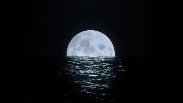 3d render Full moon at night on floats in black water in 4k