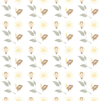 Seamless watercolor pattern baby baptism. Pattern with angel bible sun and cross and candle. Cute pictures to print on envelopes and baby blankets.
