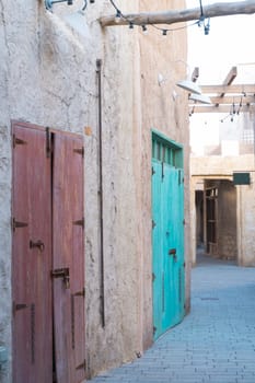 Arabic style carved wooden doors in Al Fahidi Historical District, Deira, Dubai, United Arab Emirates