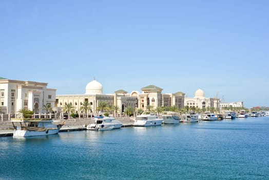 SHARJAH, UAE - February 14, 2023: Sharjah - port. Sharjah is located along the northern coast of the Persian Gulf on the Arabian Peninsula