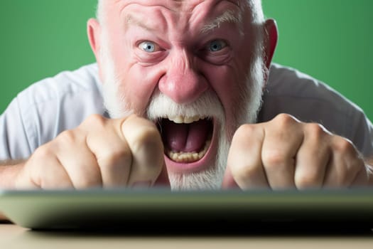 An elderly man gets angry while working on the computer.