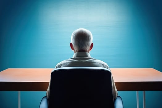 Rear view of senior man sitting on armchair and looking through the window. Lonely old man sitting at home near window during covid19 outbreak. Thoughtful retired man abandoned at nursing home.