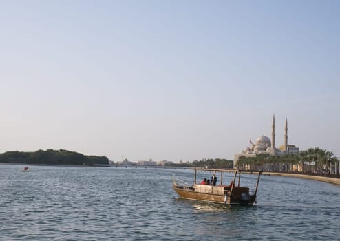 Sharjah, UAE, Feb 14, 2023: Al Majaz Quay, Khaled Lake with Al Noor Mosque in the background