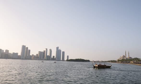 Sharjah, UAE, Feb 14, 2023: Al Majaz Quay, Khaled Lake with Al Noor Mosque in the background