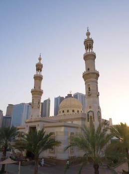 Sharjah, UAE, February 14, 2023 - Beautiful landscape mosque, a mosque of Islamic origin.