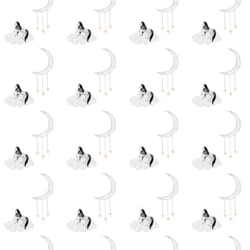 Watercolor pattern vintage unicorn, moon and clouds. Cute print for printing on children's textiles and wallpaper
