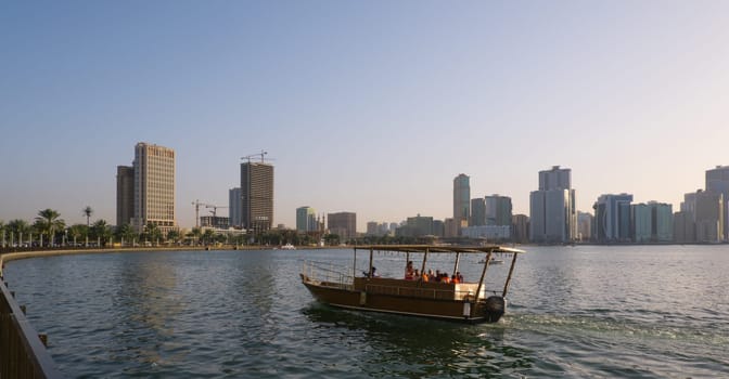 Sharjah, UAE, Feb 14, 2023: Al Majaz Quay, Khaled Lake with Al Noor Mosque in the background