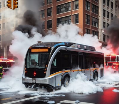 electric hybrid city bus burn bottom chasis, firefighter apply foam to extinguish flames big smoke ai generated