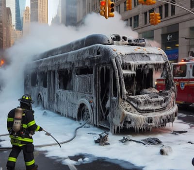 electric hybrid city bus burn bottom chasis, firefighter apply foam to extinguish flames big smoke ai generated