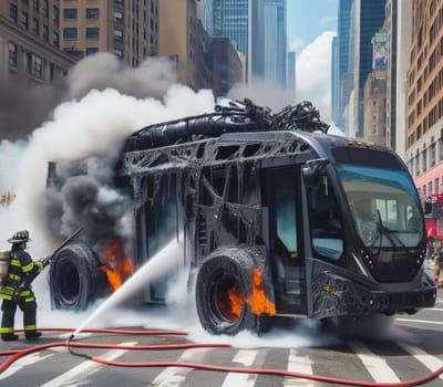 electric hybrid city bus burn bottom chasis, firefighter apply foam to extinguish flames big smoke ai generated