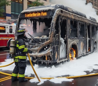 electric hybrid city bus burn bottom chasis, firefighter apply foam to extinguish flames big smoke ai generated