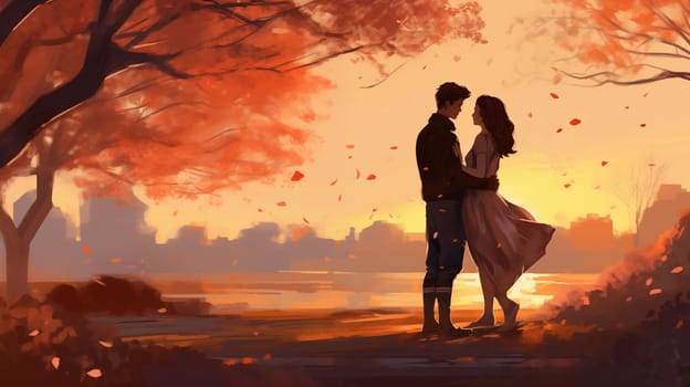 Silhouette of a young couple, deeply in love, tenderly hugging and caressing each other in an autumn park. Romantic scene. Illustration for cover, interior design. AI generativ.