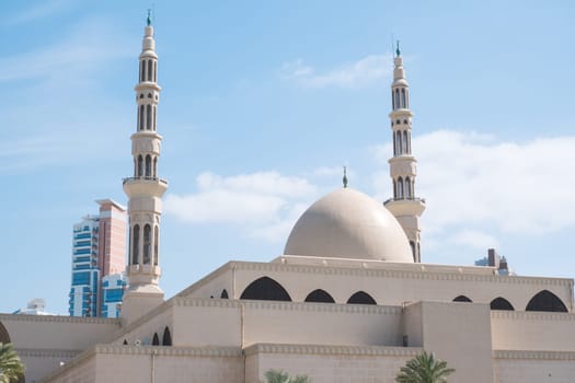 Sharjah, UAE, February 14, 2023 - Beautiful landscape mosque, a mosque of Islamic origin.