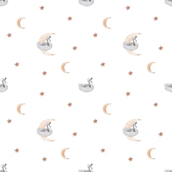 watercolor seamless pattern beautiful swan in black crown. vintage moon stars swan for printing on textiles, wrapping paper, clothes