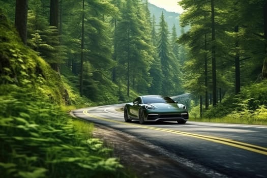 A green electric car parked in the forest, with lush green trees and foliage in the background. The vehicle explores the beauty of nature with zero emissions.