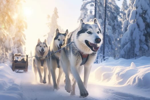 A spectacular winter scene in which a group of dogs pull a sled across a snow-covered landscape. The expedition captures the magic of winter nature and the thrill of dog sledding adventures.