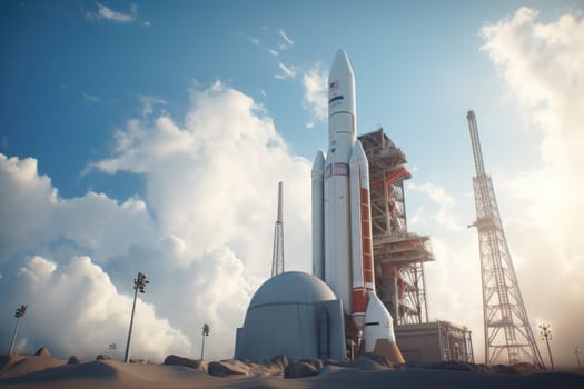 A mesmerizing shot of a rocket launching into the evening sky, leaving behind a mysterious trail and plume of smoke, creating an awe-inspiring spectacle.