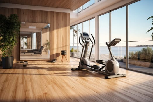 Sleek and modern home gym area with a variety of exercise equipment, designed for sports workouts. This space offers convenience and style for fitness enthusiasts looking to stay active at home.