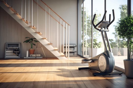 A modern home gym area with exercise machine, perfect for sports workouts and fitness training. The space is well-lit and inviting, with equipment ready for use.