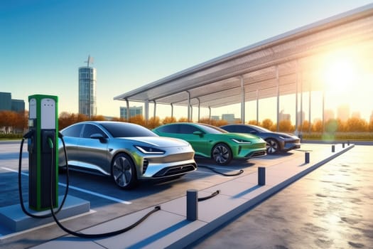 A variety of electric cars from different manufacturers being charged at a modern facility with solar panels, promoting sustainable energy and eco-friendly transportation
