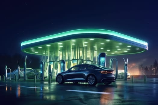 A nighttime shot of an electric car charging station, with several vehicles plugged in, reflects the accessibility and availability of 24/7 green energy solutions.