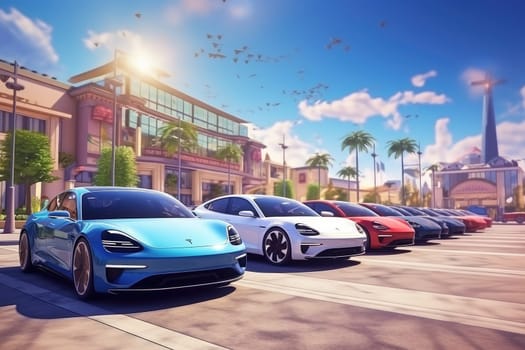 A row of electric vehicles parked in a lot, promoting sustainable transportation choices and highlighting the shift towards environmentally friendly alternatives in the automotive industry.