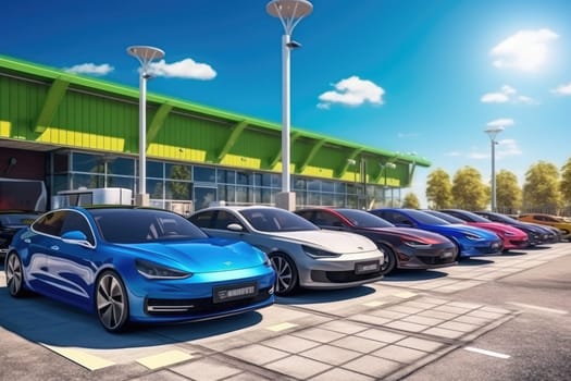 A row of electric vehicles parked in a parking lot on a sunny day, showcasing the concept of eco-friendly transportation and sustainable energy usage.