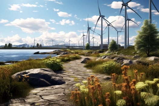 A stunning and serene landscape with several towering wind turbines, standing tall amidst rolling hills and a beautiful sky, showcasing the beauty and efficiency of renewable energy generation.