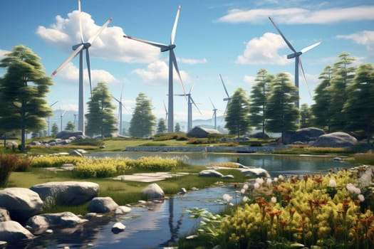 A breathtaking view of a beautiful landscape with several towering wind turbines producing clean and sustainable energy on a sunny day, symbolizing environmental progress and renewable technology.