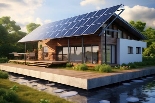 A modern building with a rooftop covered in solar panels, harnessing renewable energy from the sun. The solar panel array is a clean and sustainable power source, contributing to a greener future.