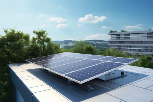 A row of solar panels installed on the rooftop of an urban building, providing a green energy solution for sustainable power generation in the city during a sunny day with clear blue skies.