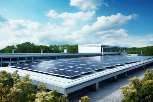 A modern school building with solar panels installed on the roof, emphasizing the practice of sustainability and clean energy to power educational facilities and promote environmental awareness.
