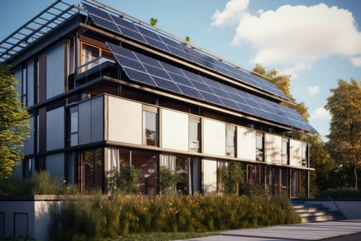 A close-up panoramic view of solar panels installed on the rooftops of urban buildings, contributing to renewable energy production and sustainable urban infrastructure development.