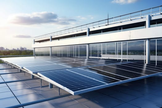 Solar panels installed on the rooftop of an industrial building, capturing sunlight to generate renewable energy. The modern clean energy technology contributes to sustainable industrial practices.