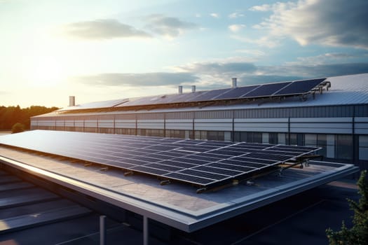 A row of solar panels installed on the roof of a large industrial building, harnessing the power of the sun to provide sustainable and eco-friendly energy solutions.