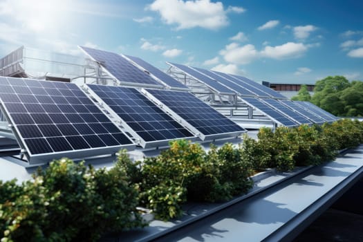 Solar panels seamlessly integrated into the rooftop of a modern industrial building, providing sustainable energy harnessing the power of the sun, with a clear blue sky in the background.