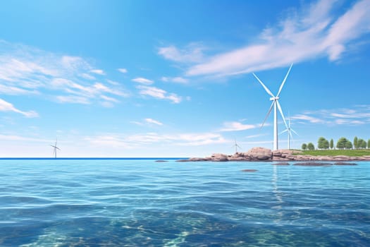 Scenic view of a wind turbine by the ocean, demonstrating the utilization of wind power to produce clean and sustainable energy, against the tranquil and majestic oceanic landscape.
