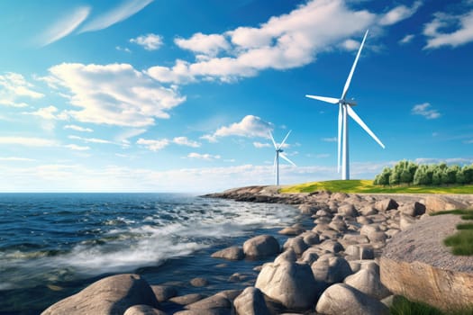 Spectacular offshore wind turbine with a mesmerizing ocean backdrop symbolizing the sustainable and eco-friendly concept of harnessing wind energy for electricity generation.