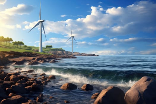 Wind turbine standing tall on the coastline, harnessing the power of the wind to generate clean, renewable energy with the vast ocean in the background.