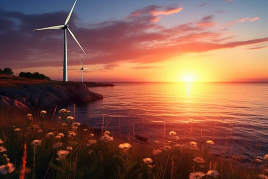 A picturesque view of a serene sunset setting with a wind turbine standing tall in the foreground, symbolizing the elegance of sustainable energy production and the beauty of renewable resources.