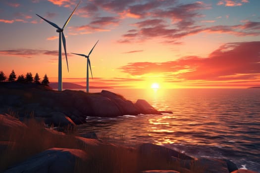 A captivating and romantic scene of a vibrant orange sunset with a wind turbine in the foreground, highlighting the beauty and sustainability of green energy.