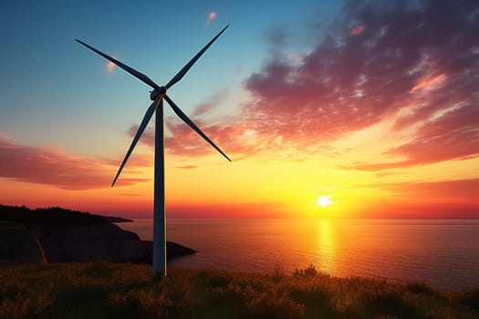 A beautiful sunset scene with wind turbines, creating an atmospheric and serene landscape. The colorful sky casts a warm glow, evoking a sense of tranquility and natural beauty.