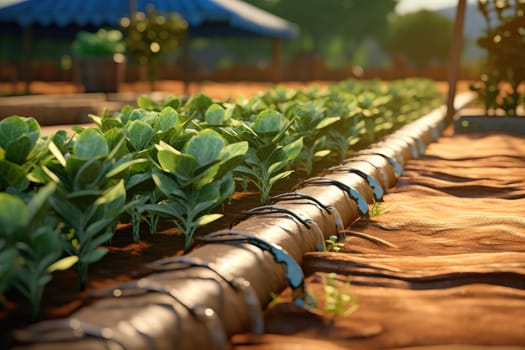 A close-up shot of a drip irrigation system efficiently watering crops in a vast agricultural field. This modern technique helps conserve water and ensures optimal growth of crops.