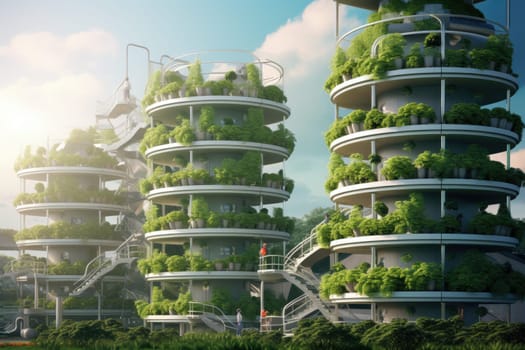 A futuristic vertical agricultural technique showcasing the cultivation of plants in vertical structures. This innovative method maximizes space and promotes sustainable farming practices.