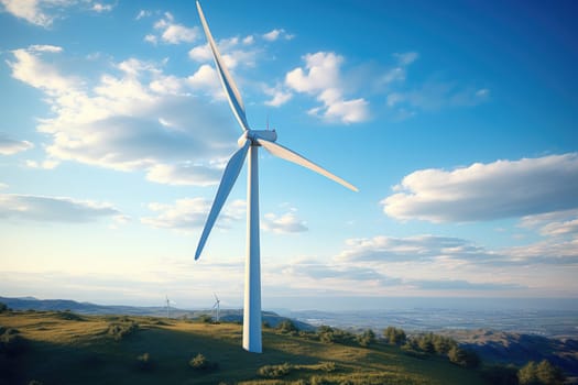 A breathtaking view of a wind turbine in full motion, set against a serene, idyllic blue sky backdrop at a renewable energy plant, showcasing the potential of clean, sustainable energy production.