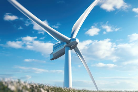 An elegant wind turbine spins gracefully against a clear blue sky in a renewable energy farm, showcasing sustainable and eco-friendly power generation.